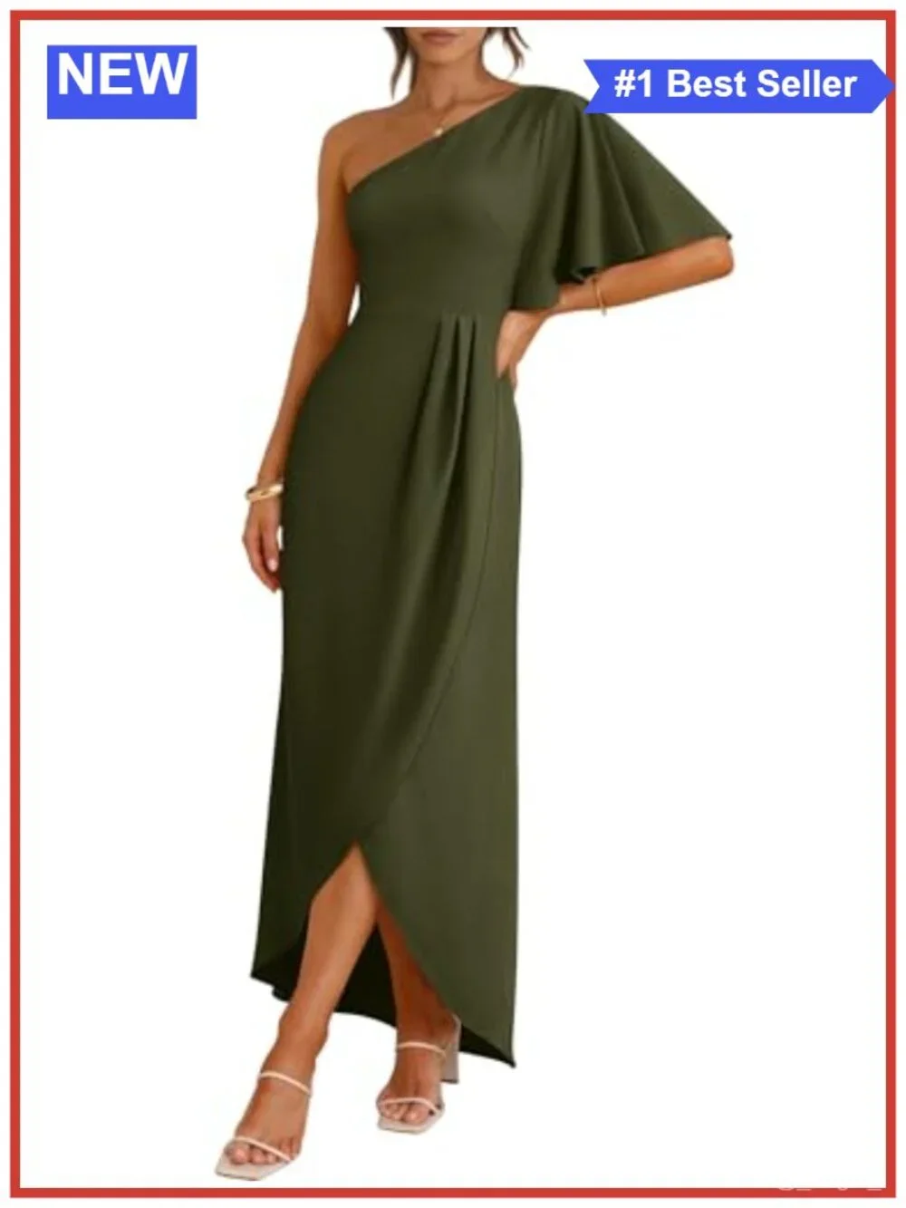 Women's One Shoulder Midi Dress Empire Waist Ruffle Cape Sleeve Side Slit